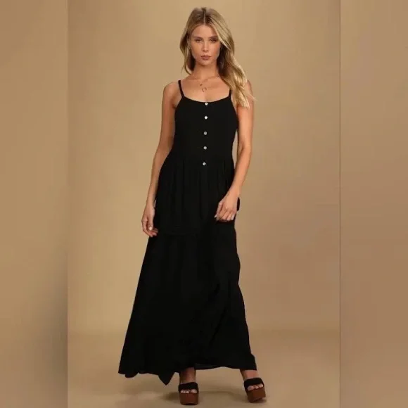 black solid maxi dress Velvi - Miriam Tiered Maxi Dress - Black
